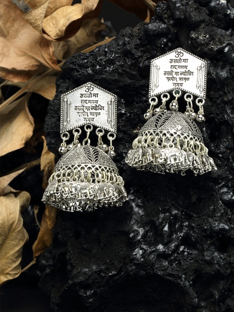 

Moedbuille Temple Design Oxidised Silver Plated Handcrafted Chandelier Jhumkas
