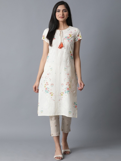W Women White Floral Embroidered Kurta