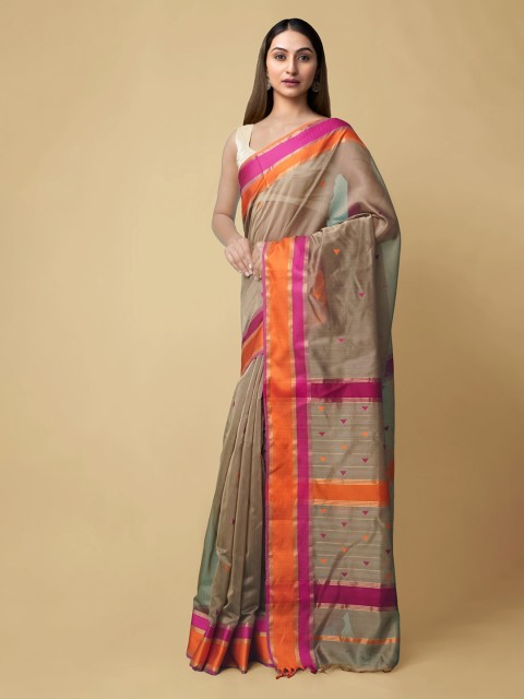 

Unnati Silks Brown & Pink Silk Cotton Woven Design Maheshwari Saree