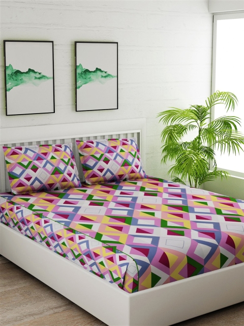 

Salona Bichona White & Green Geometric 180 TC Cotton 1 King Bedsheet with 2 Pillow Covers