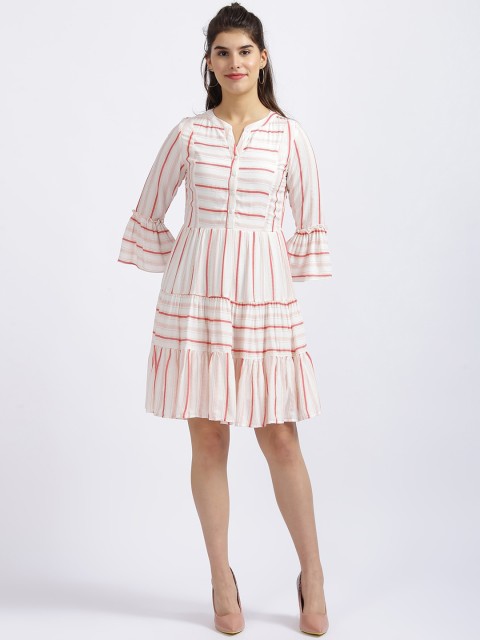 

Zink London Women White Striped Fit and Flare Dress
