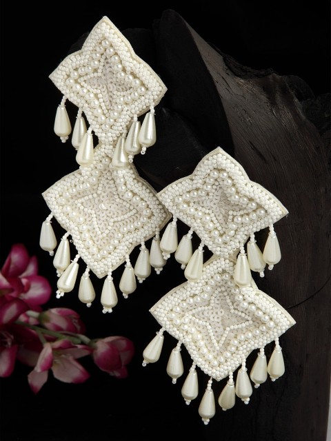 

Moedbuille Pearls and Beads Studded Contemporary Design Handcrafted Drop Earrings, Off white