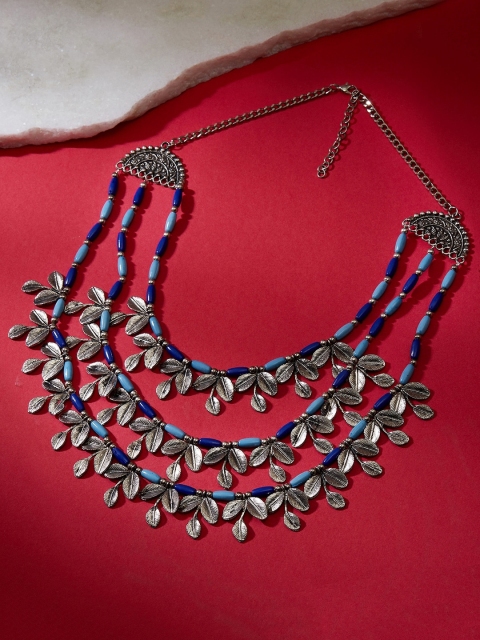 

Steel-Toned & Blue Beads-Studded Statement Necklace, Silver