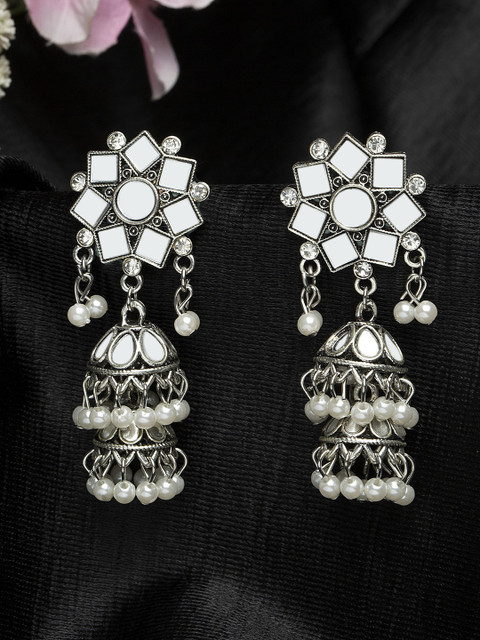 

Moedbuille Mirror Studded Oxidised Silver Plated Handcrafted Layered Design Jhumkas