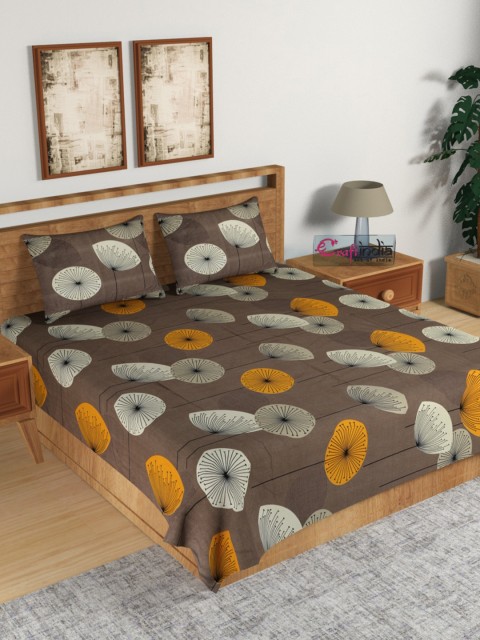 

eCraftIndia Brown & Orange Floral 140 TC Cotton 1 King Bedsheet with 2 Pillow Covers