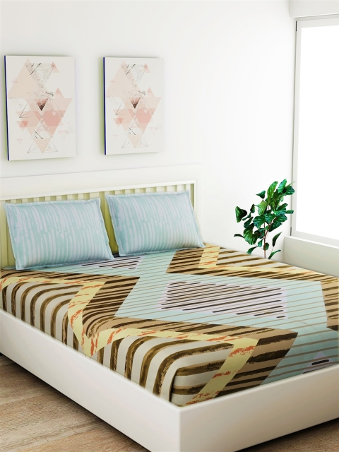 

Salona Bichona Blue & Tan Geometric 180 TC Cotton 1 Queen Bedsheet with 2 Pillow Covers