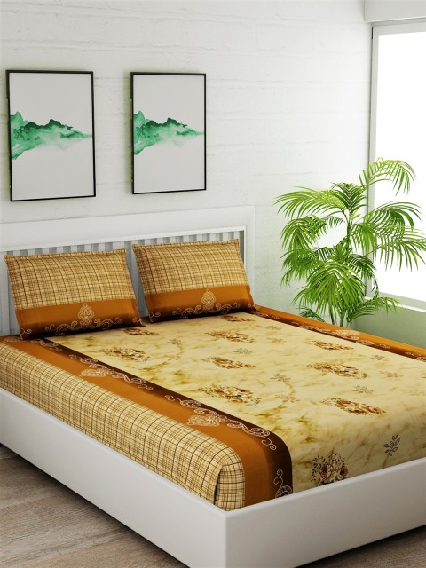 

Salona Bichona Yellow & Brown Floral 180 TC Cotton 1 King Bedsheet with 2 Pillow Covers