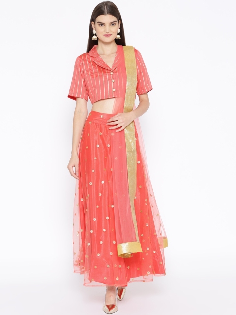

Shakumbhari Peach-Coloured & Gold-Toned Embellished Ready to Wear Lehenga & Blouse with Dupatta