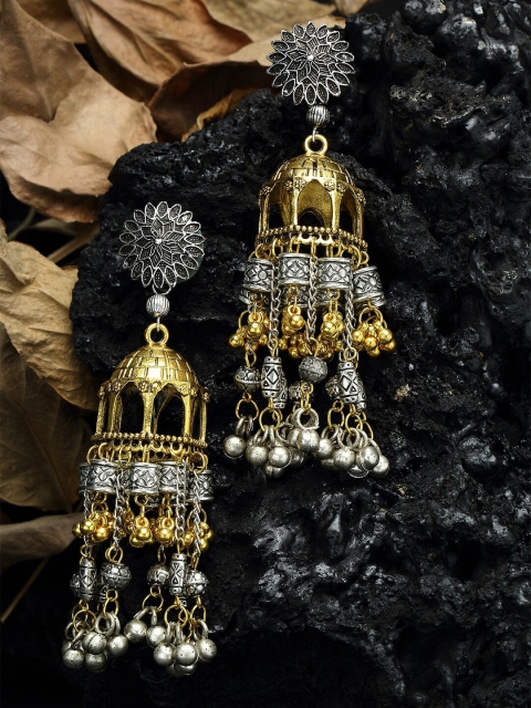 

Moedbuille Tasselled Design Oxidised Gold Plated Handcrafted Dual Tone Temple Jhumkas