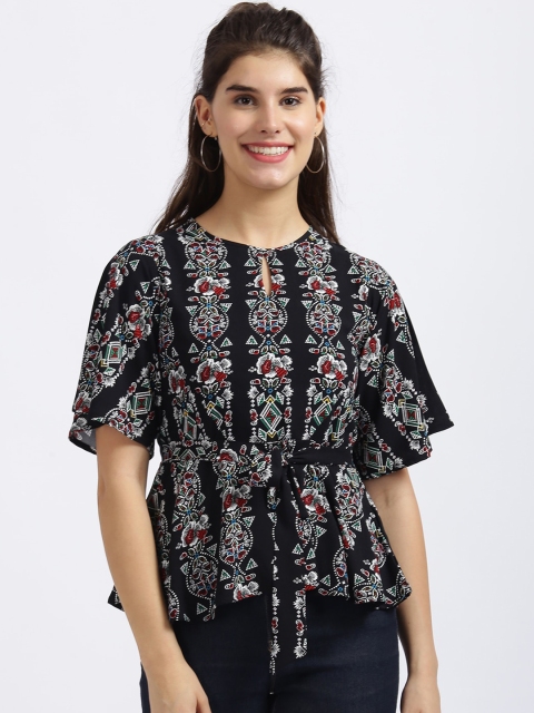 

Zink London Black Printed Keyhole Neck Flared Sleeves Cinched Waist Top