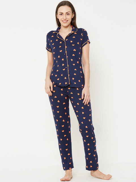 

Sweet Dreams Women Navy Blue & Orange Printed Night suit