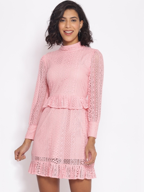 

Cottinfab Women Pink Self Design Lace Dress