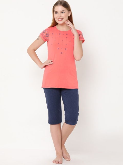 

Sweet Dreams Women Coral Pink & Navy Blue Printed Night Suit 2102AU