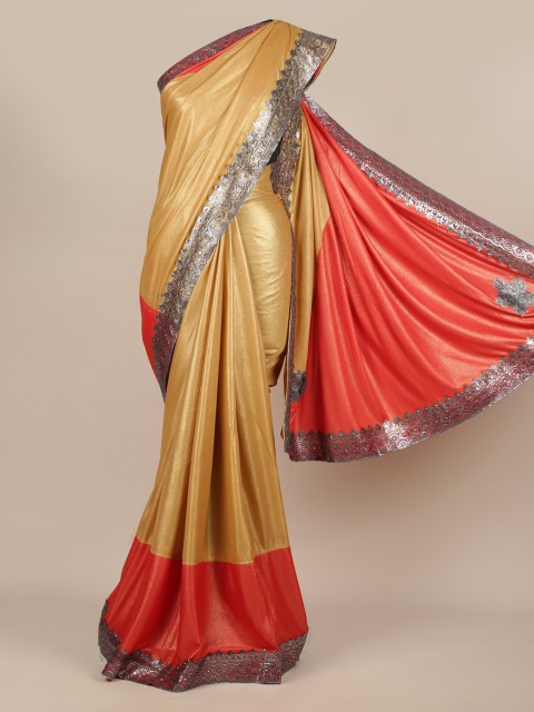 

Pothys Gold-Toned & Orange Poly Chiffon Solid Saree