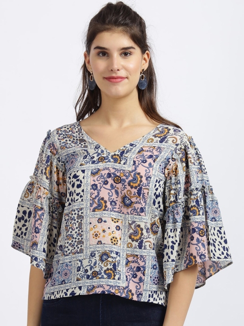 

Zink London Women Blue Tribal Printed Flared Sleeves Regular Top