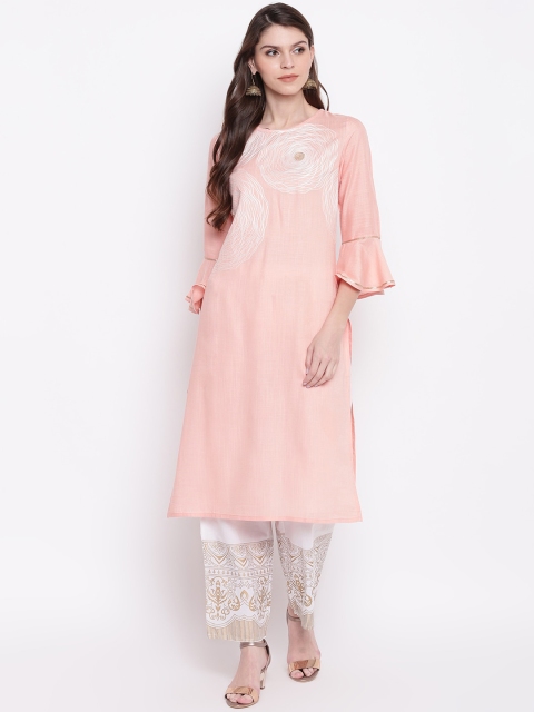 

Khushal K Women Pink Embroidered Bell Sleeves Viscose Rayon A-Line Kurta