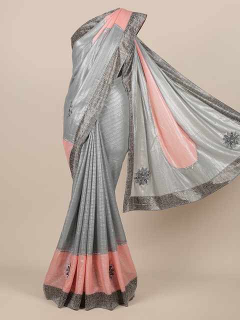 

Pothys Grey Striped Poly Chiffon Saree
