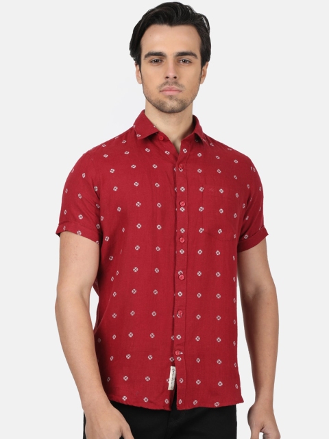 

Monte Carlo Men Red Regular Fit Printed Linen Casual Shirt