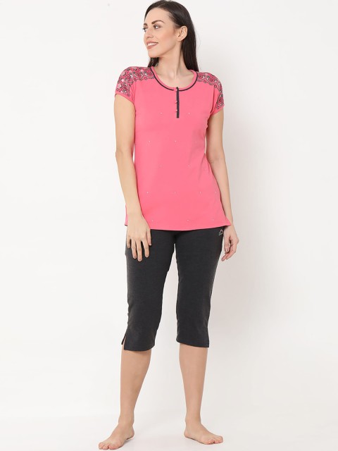 

Sweet Dreams Women Pink & Black Solid Night Suit 2101AU