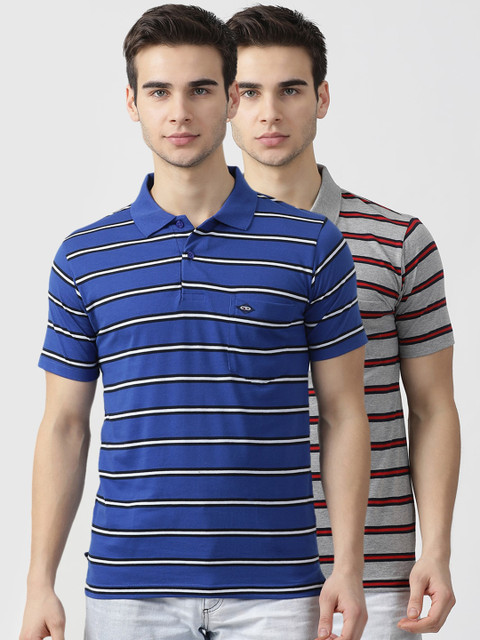 

Cloak & Decker Men Blue & Grey Set of 2 Striped Polo Collar T-shirt