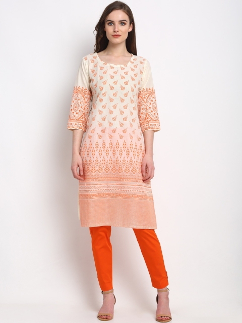 

Friskers Women Cream-coloured & Orange Floral Printed Kurta