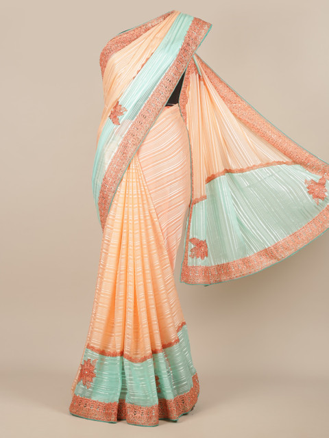 

Pothys Orange & Turquoise Blue Poly Chiffon Embroidered Saree