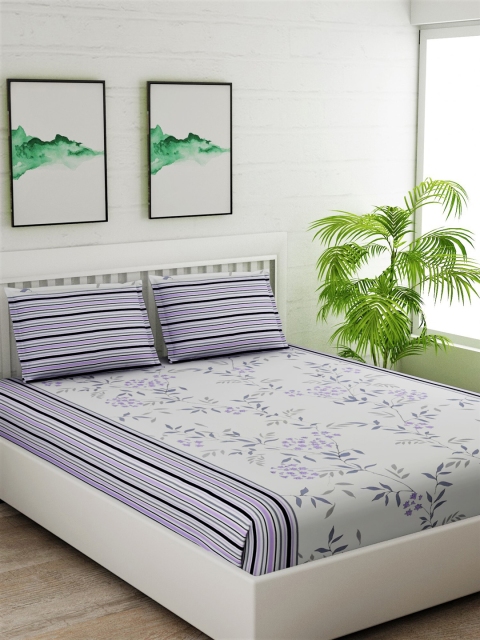 

Salona Bichona Off-White & Purple Floral 180 TC Cotton 1 Queen Bedsheet with 2 Pillow Covers