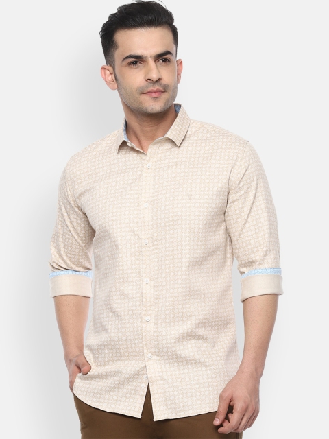 

V Dot Men Beige Slim Fit Printed Cotton Casual Shirt