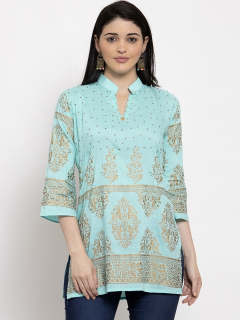 

Clora Creation Women Turquoise Blue & Gold-Coloured Embellished Straight Kurti