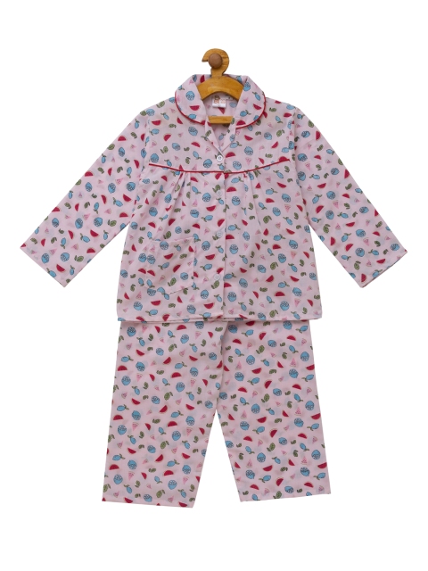 

Fuzzy Bear Girls Pink & Blue Printed Night Suit