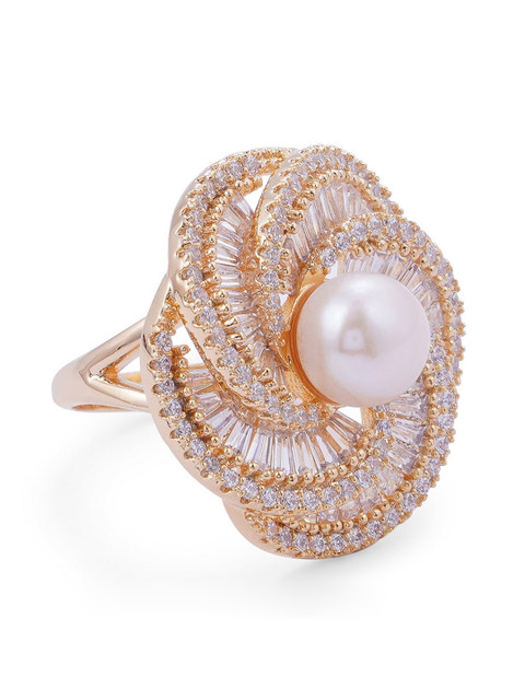 

shaze Rose Gold-Toned White CZ-Studded & Pearl-Studded Finger Ring