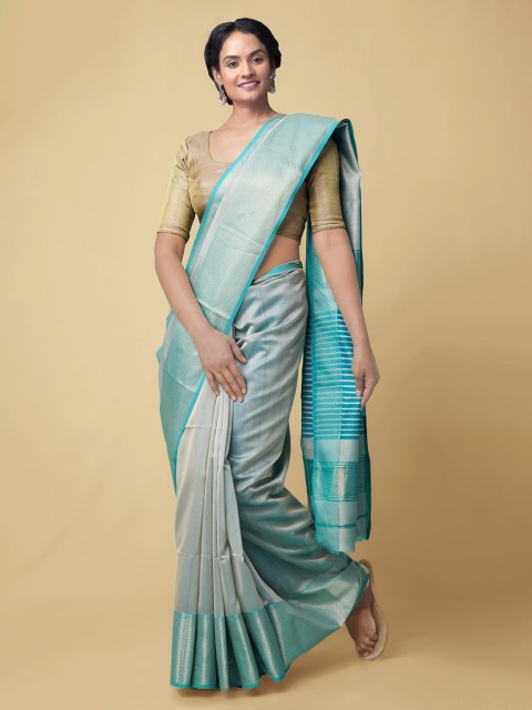 

Unnati Silks Grey & Blue Silk Cotton Woven Design Maheshwari Saree
