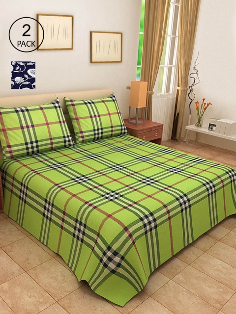 

KLOTTHE Set Of 2 Green & Navy Blue Checked Bed Covers With 4 Pillow Covers