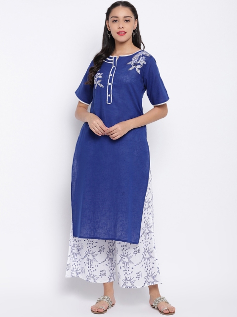 

Shakumbhari Women Blue & White Embroidered Kurta with Palazzos