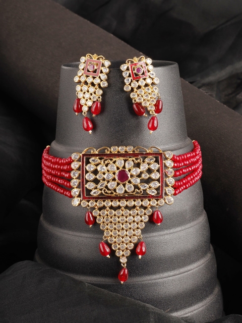

ANIKAS CREATION Red Gold-Plated Pearl Beaded Handcrafted Jewellery Set
