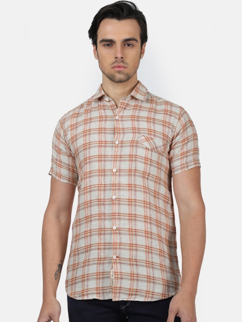 

Monte Carlo Men Beige & Orange Regular Fit Checked Linen Casual Shirt