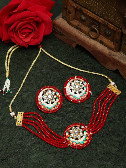 

Moedbuille Gold-Plated & Red Kundan Onyx Studded Handcrafted Meenakari Jewellery Set