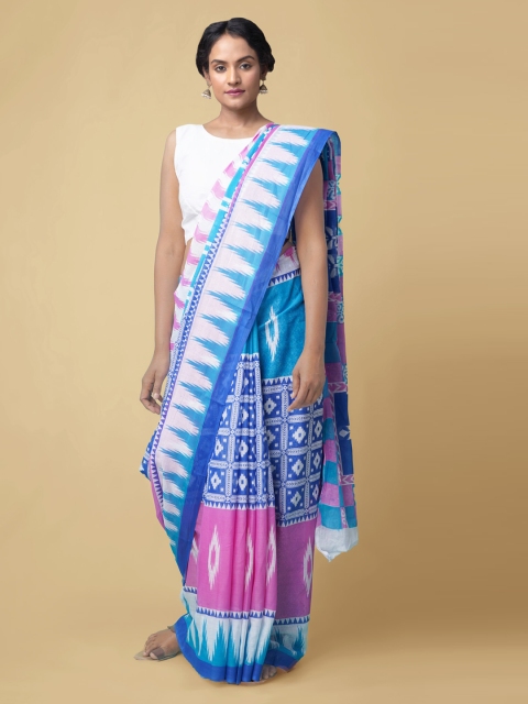 

Unnati Silks Blue & White Pure Cotton Printed Pochampally Saree