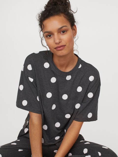 

H&M Women Charcoal Grey & White Polka Dot Printed Jersey Night Suit