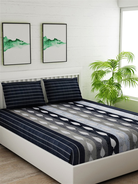 

Salona Bichona Navy Blue & Grey Striped 180 TC Cotton 1 King Bedsheet with 2 Pillow Covers