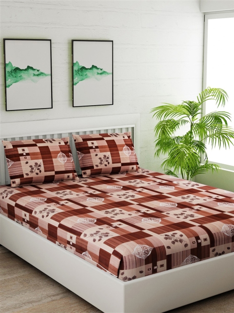 

Salona Bichona Brown & Peach-Coloured Conversational 120 TC Cotton 1 King Bedsheet with 2 Pillow Covers