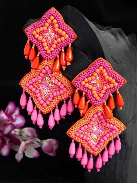 

Moedbuille Pink and Orange Beads Studded Contemporary Design Handcrafted Afghan Drop Earrings