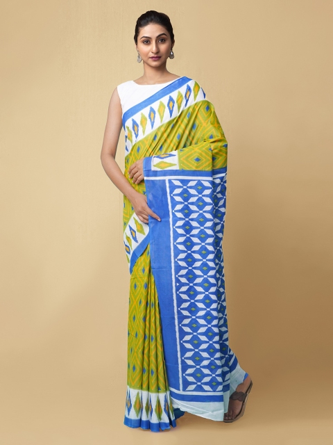 

Unnati Silks Green Pure Cotton Printed Handloom Pochampally Saree