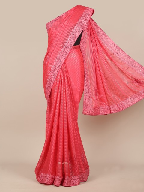 

Pothys Pink & Gold-Toned Poly Chiffon Striped Saree