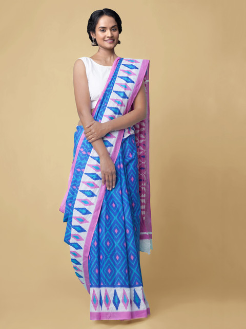 

Unnati Silks Blue Pure Cotton Printed Pochampally Saree