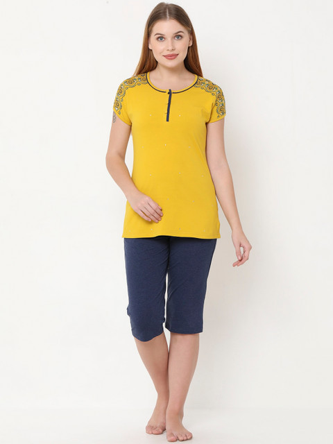 

Sweet Dreams Women Mustard Yellow & Navy Blue Solid Night Suit 2101AU