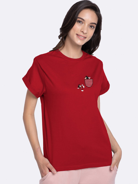 

Bewakoof Women Red Solid Teasing Mickey Round Neck Cotton Boyfriend Pure Cotton T-shirt