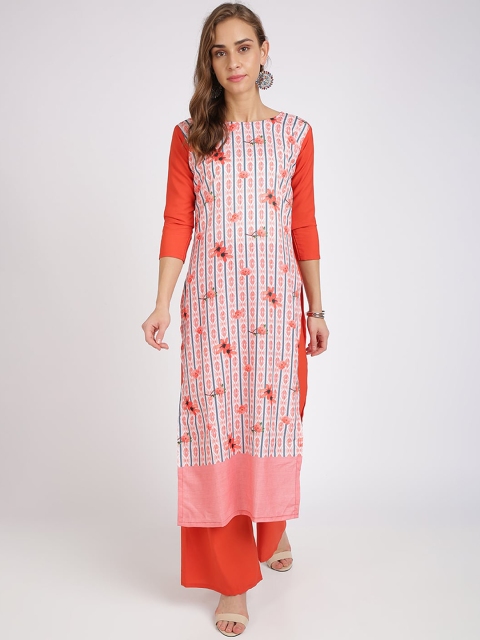 

Florence Women White & Orange Geometric Printed Crepe Kurta