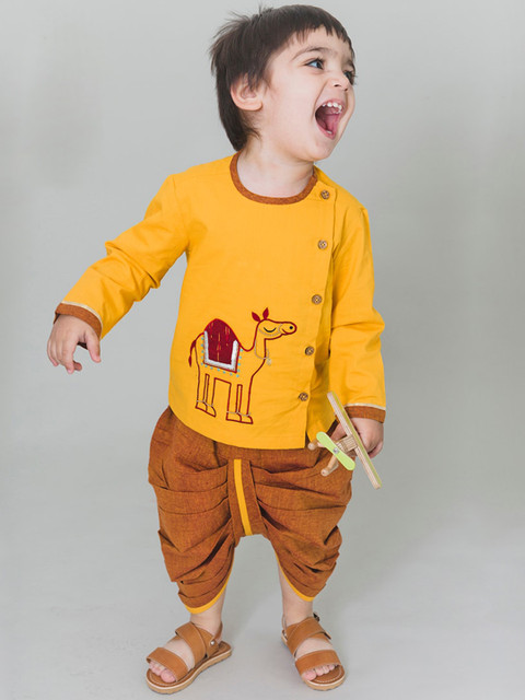 

Tiber Taber Boys Yellow & Brown Embroidered Kurti with Dhoti Pants
