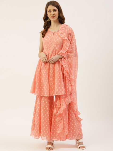 

Laabha Women Peach-Coloured Printed Kurta with Sharara & Dupatta